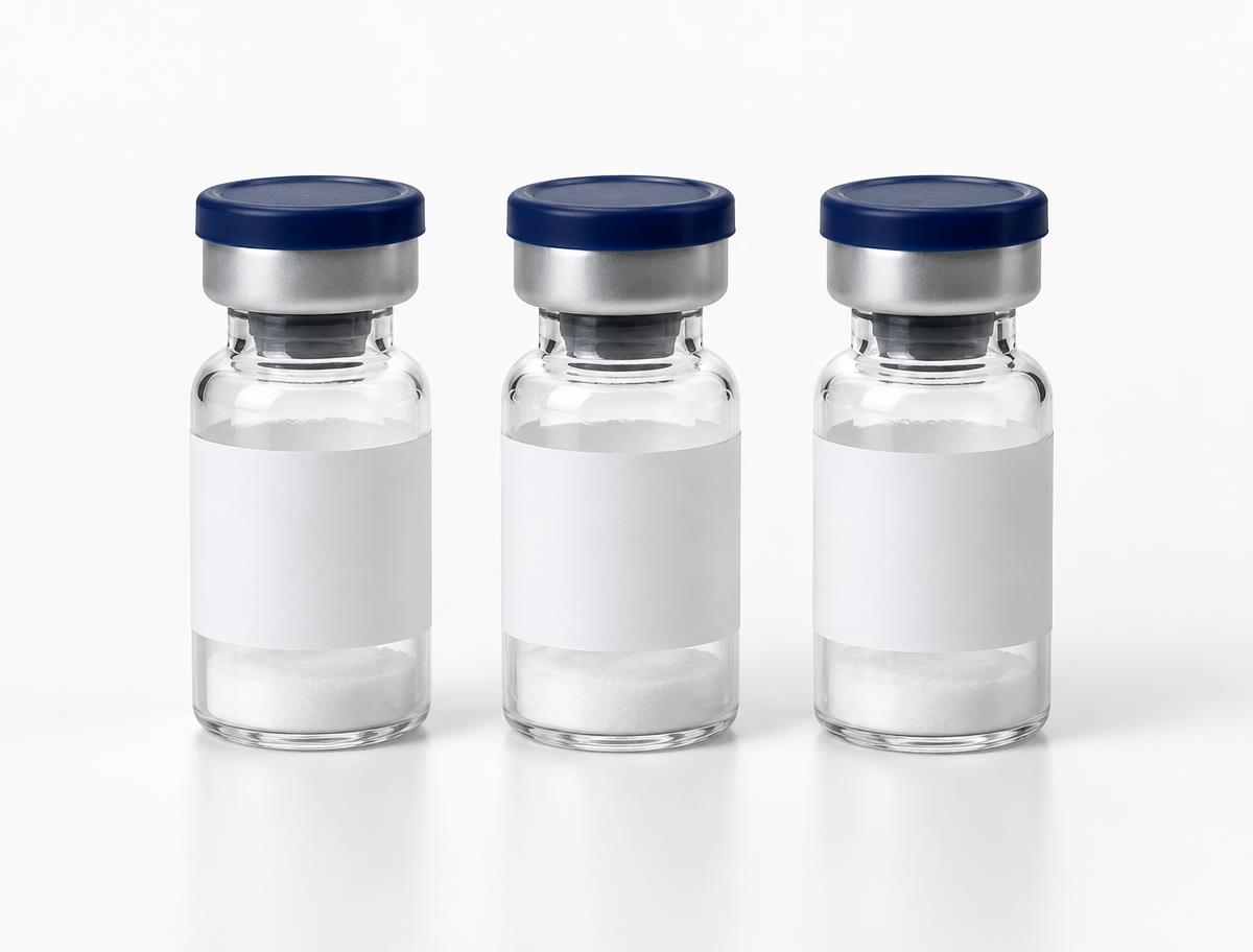 Lyophilised peptide vials on a white laboratory bench